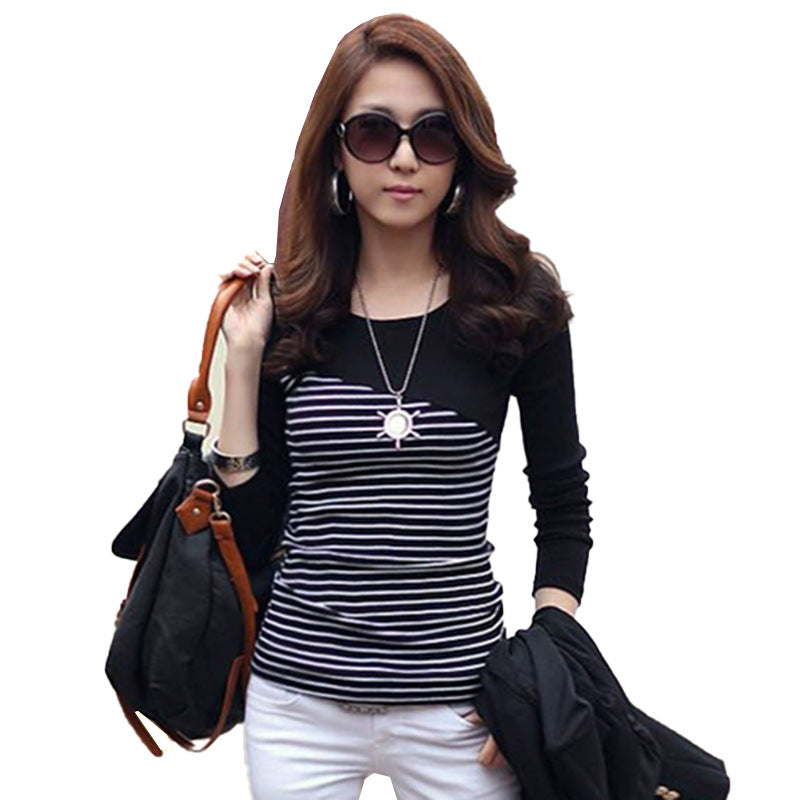 Women's Long Sleeve Top Round Neck Spring and Autumn Clothes Slim-fit Tt T-shirt Student Clothing Striped Color-matching T-shirt Casual Stitching
