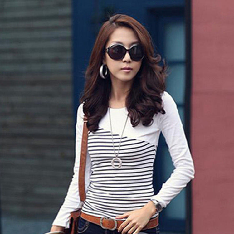 Women's Long Sleeve Top Round Neck Spring and Autumn Clothes Slim-fit Tt T-shirt Student Clothing Striped Color-matching T-shirt Casual Stitching