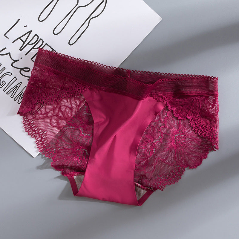 New Ice Silk Seamless Splicing Lace Panties for Women Cut Out Sexy Breathable Antibacterial Cotton Crotch Panties for Women