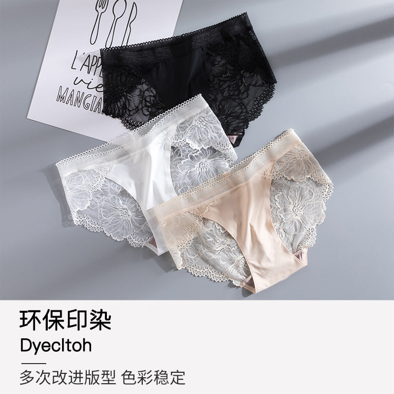 New Ice Silk Seamless Splicing Lace Panties for Women Cut Out Sexy Breathable Antibacterial Cotton Crotch Panties for Women