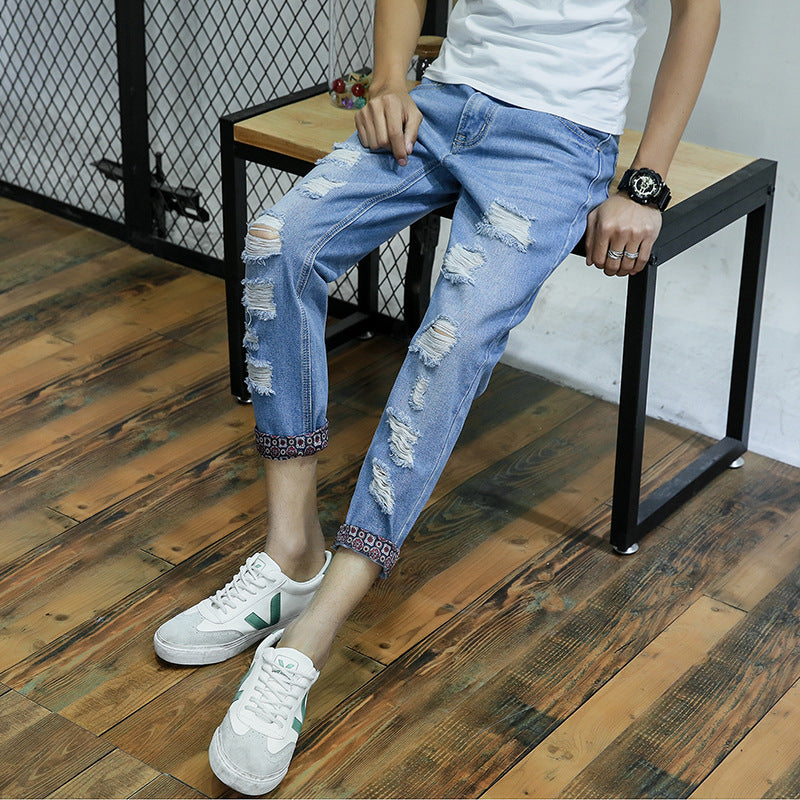 Jeans Men's Stretch Slim-fit Trendy Brand Skinny Pants Men's Summer Casual Thin Korean Style Trendy Ankle-length Pants