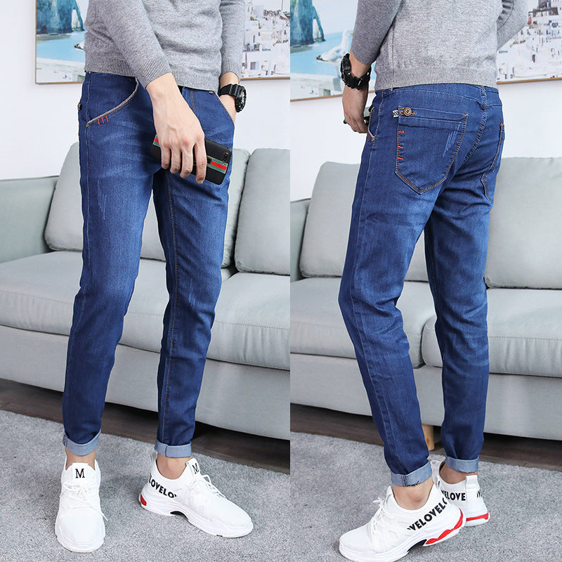 Jeans Men's Stretch Slim-fit Trendy Brand Skinny Pants Men's Summer Casual Thin Korean Style Trendy Ankle-length Pants