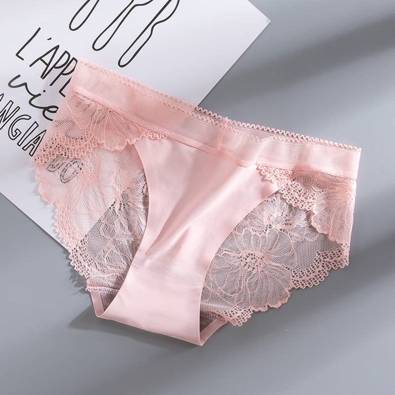 New Ice Silk Seamless Splicing Lace Panties for Women Cut Out Sexy Breathable Antibacterial Cotton Crotch Panties for Women