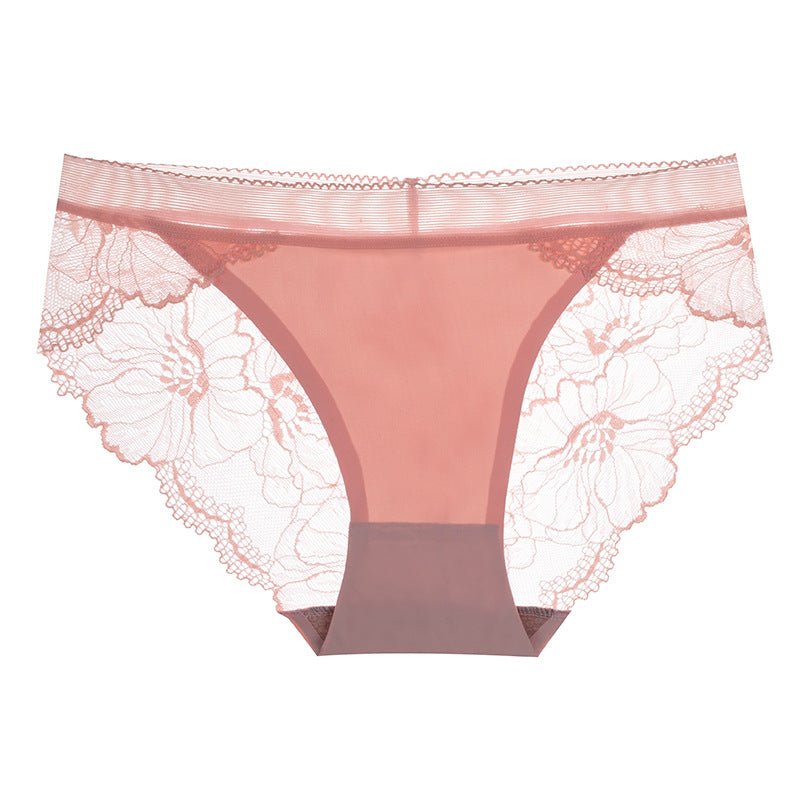New Ice Silk Seamless Splicing Lace Panties for Women Cut Out Sexy Breathable Antibacterial Cotton Crotch Panties for Women