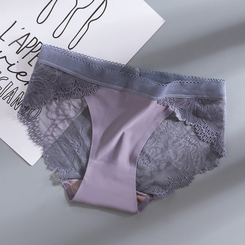 New Ice Silk Seamless Splicing Lace Panties for Women Cut Out Sexy Breathable Antibacterial Cotton Crotch Panties for Women