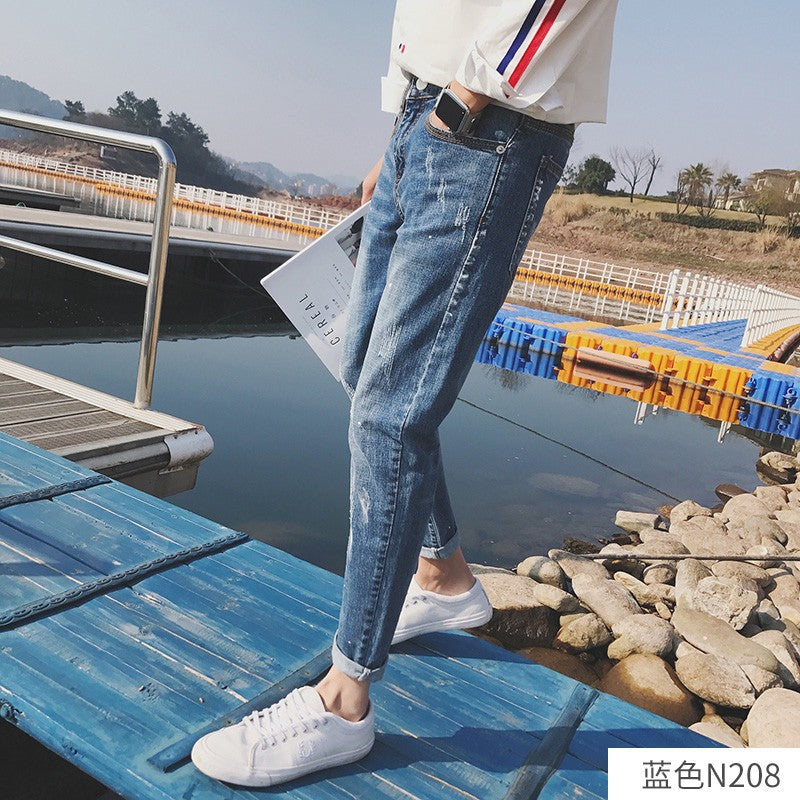 Jeans Men's Stretch Slim-fit Trendy Brand Skinny Pants Men's Summer Casual Thin Korean Style Trendy Ankle-length Pants