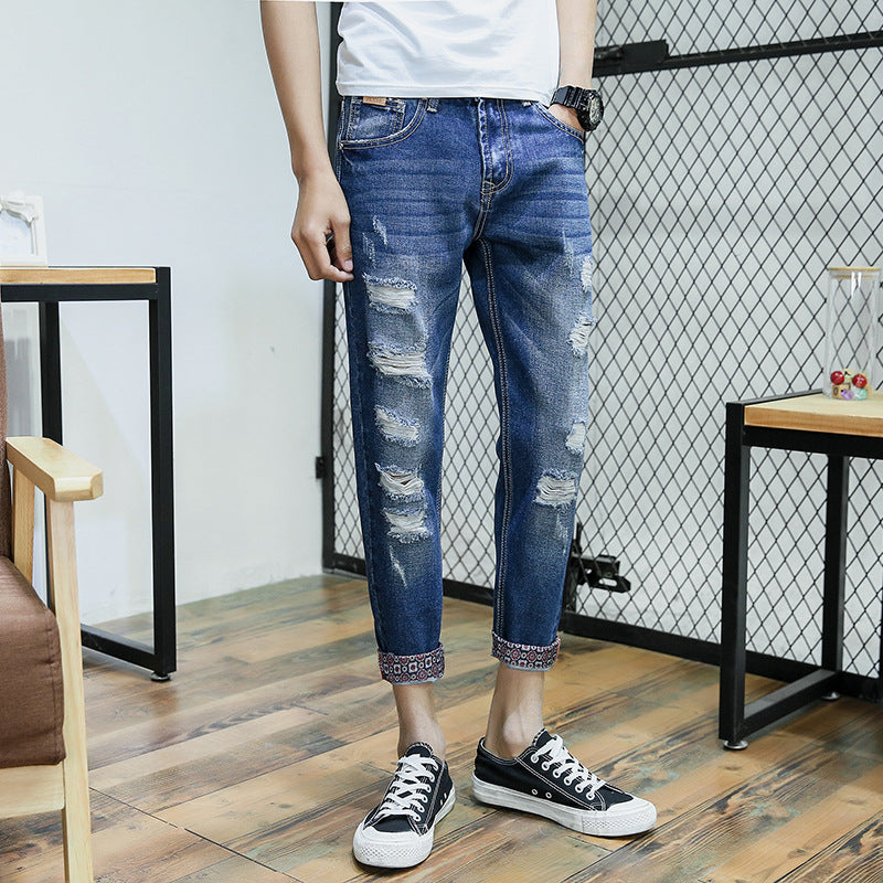 Jeans Men's Stretch Slim-fit Trendy Brand Skinny Pants Men's Summer Casual Thin Korean Style Trendy Ankle-length Pants