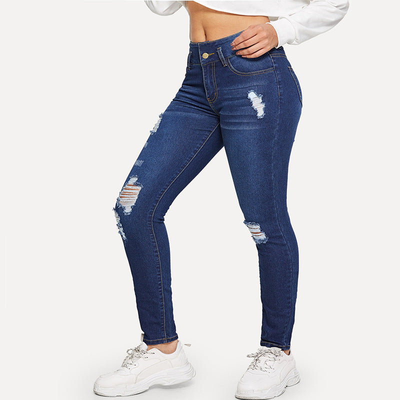 Foreign Trade Cross-Border Export Women's Pants Aliexpress 2021 Spring & Fall Ripped Jeans European and American Popular Student Pants