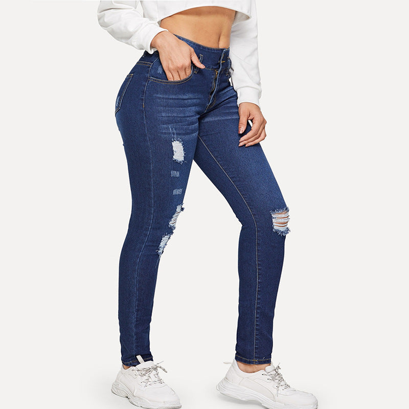 Foreign Trade Cross-Border Export Women's Pants Aliexpress 2021 Spring & Fall Ripped Jeans European and American Popular Student Pants