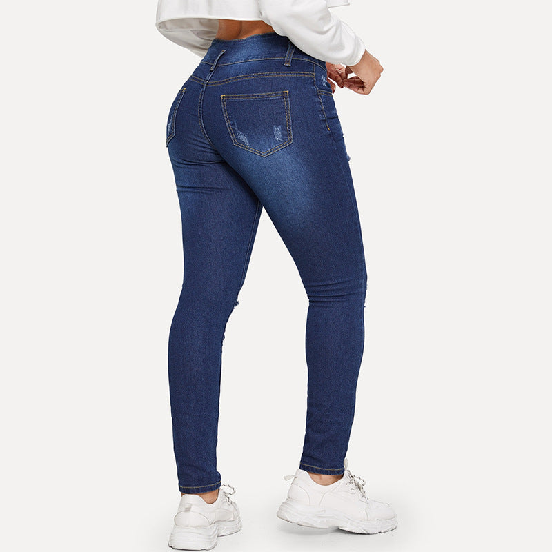Foreign Trade Cross-Border Export Women's Pants Aliexpress 2021 Spring & Fall Ripped Jeans European and American Popular Student Pants