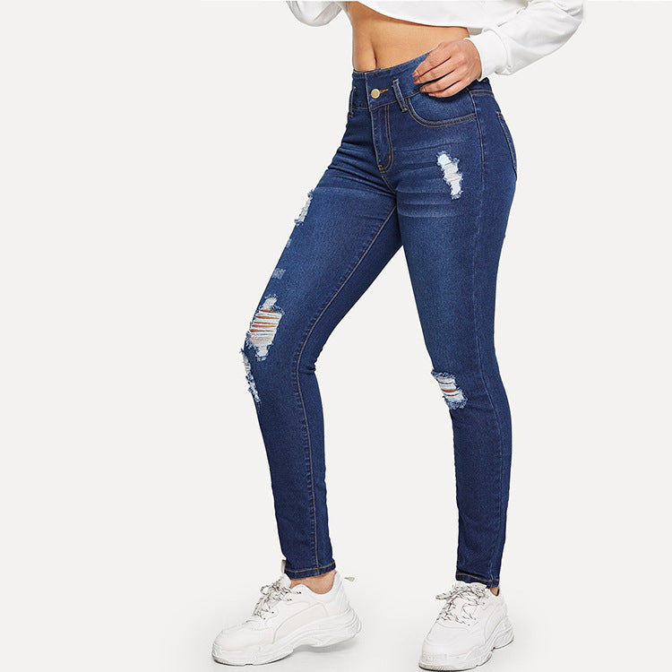 Foreign Trade Cross-Border Export Women's Pants Aliexpress 2021 Spring & Fall Ripped Jeans European and American Popular Student Pants