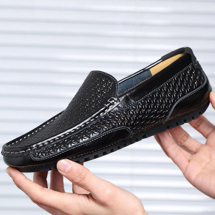 2025 Summer Shoes British Cowhide Beanie Shoes Genuine Leather Soft Surface Breathable Casual Shoes Cut Out Casual Men's Leather Shoes