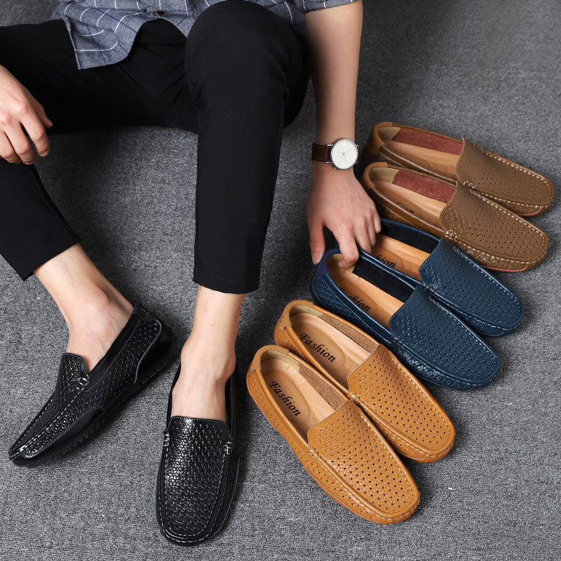 2025 Summer Shoes British Cowhide Beanie Shoes Genuine Leather Soft Surface Breathable Casual Shoes Cut Out Casual Men's Leather Shoes
