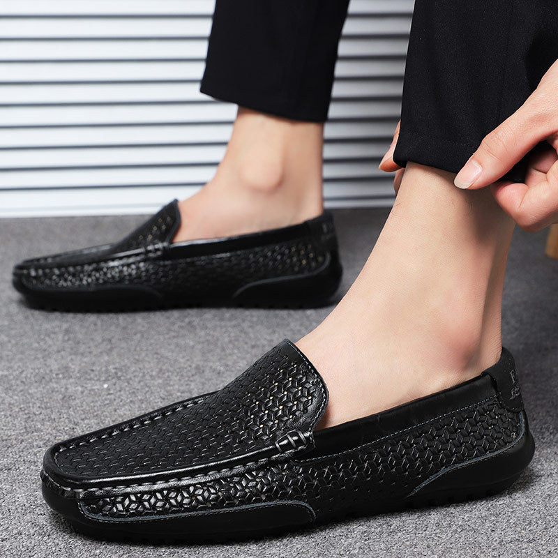 2025 Summer Shoes British Cowhide Beanie Shoes Genuine Leather Soft Surface Breathable Casual Shoes Cut Out Casual Men's Leather Shoes