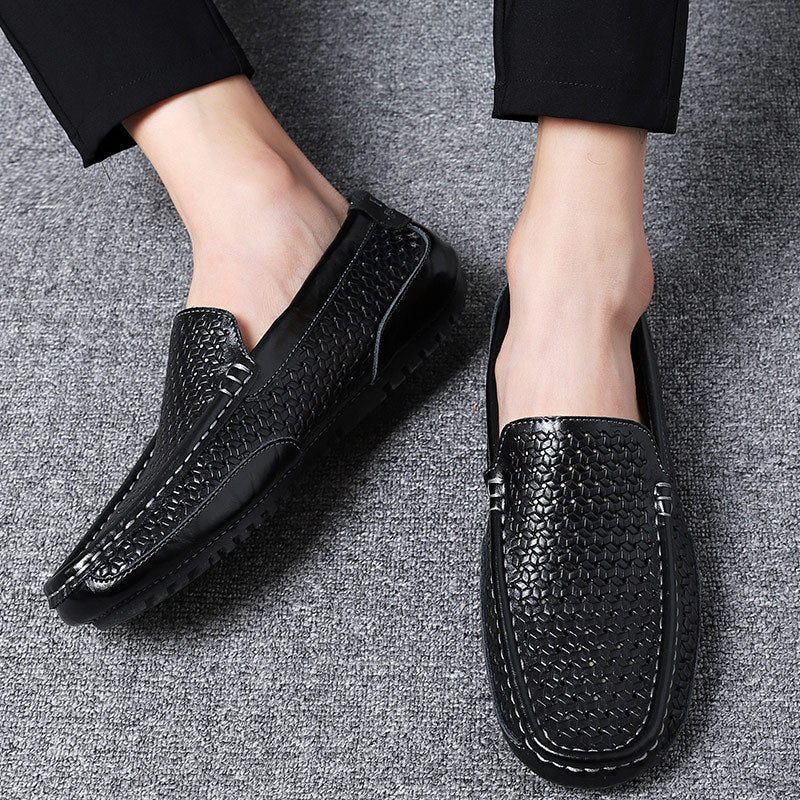 2025 Summer Shoes British Cowhide Beanie Shoes Genuine Leather Soft Surface Breathable Casual Shoes Cut Out Casual Men's Leather Shoes