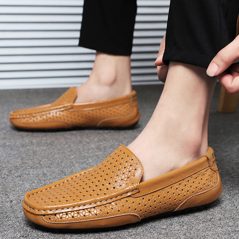 2025 Summer Shoes British Cowhide Beanie Shoes Genuine Leather Soft Surface Breathable Casual Shoes Cut Out Casual Men's Leather Shoes