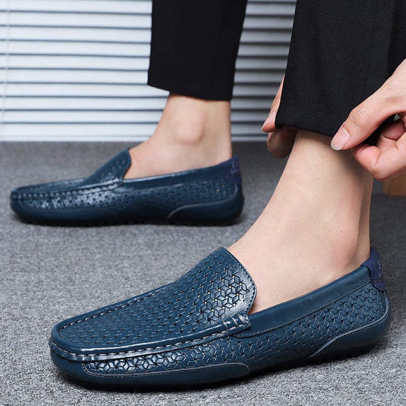 2025 Summer Shoes British Cowhide Beanie Shoes Genuine Leather Soft Surface Breathable Casual Shoes Cut Out Casual Men's Leather Shoes