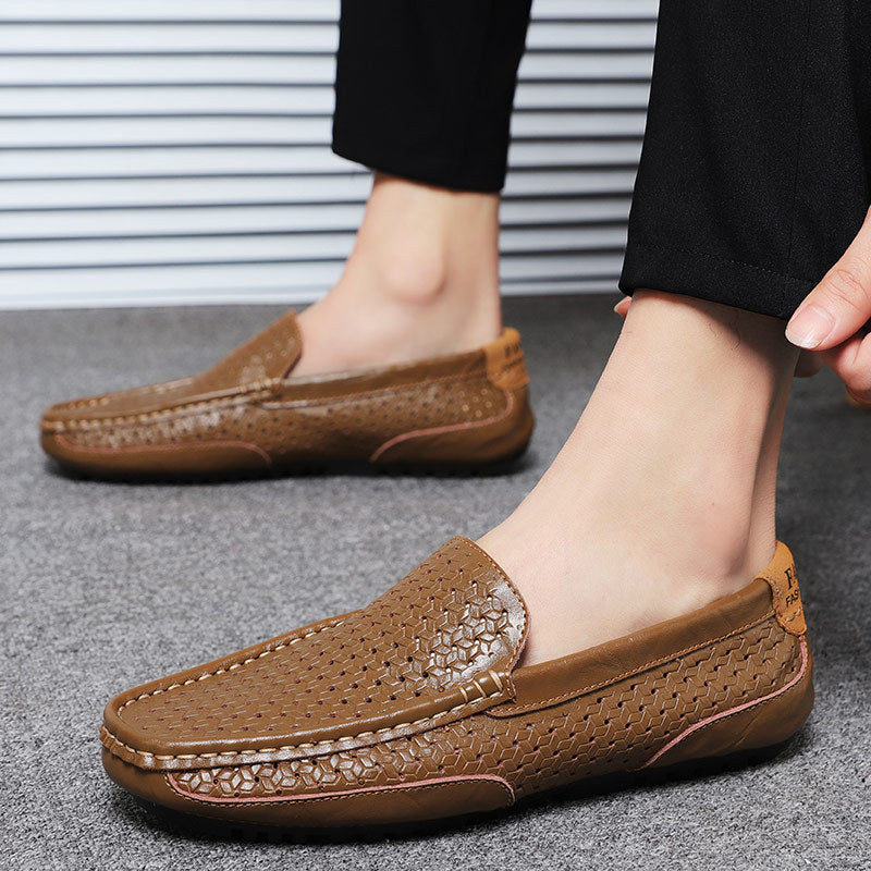 2025 Summer Shoes British Cowhide Beanie Shoes Genuine Leather Soft Surface Breathable Casual Shoes Cut Out Casual Men's Leather Shoes