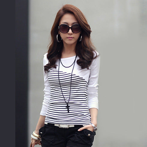 Women's Long Sleeve Top Round Neck Spring and Autumn Clothes Slim-fit Tt T-shirt Student Clothing Striped Color-matching T-shirt Casual Stitching