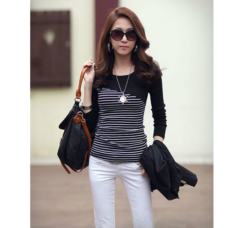 Women's Long Sleeve Top Round Neck Spring and Autumn Clothes Slim-fit Tt T-shirt Student Clothing Striped Color-matching T-shirt Casual Stitching