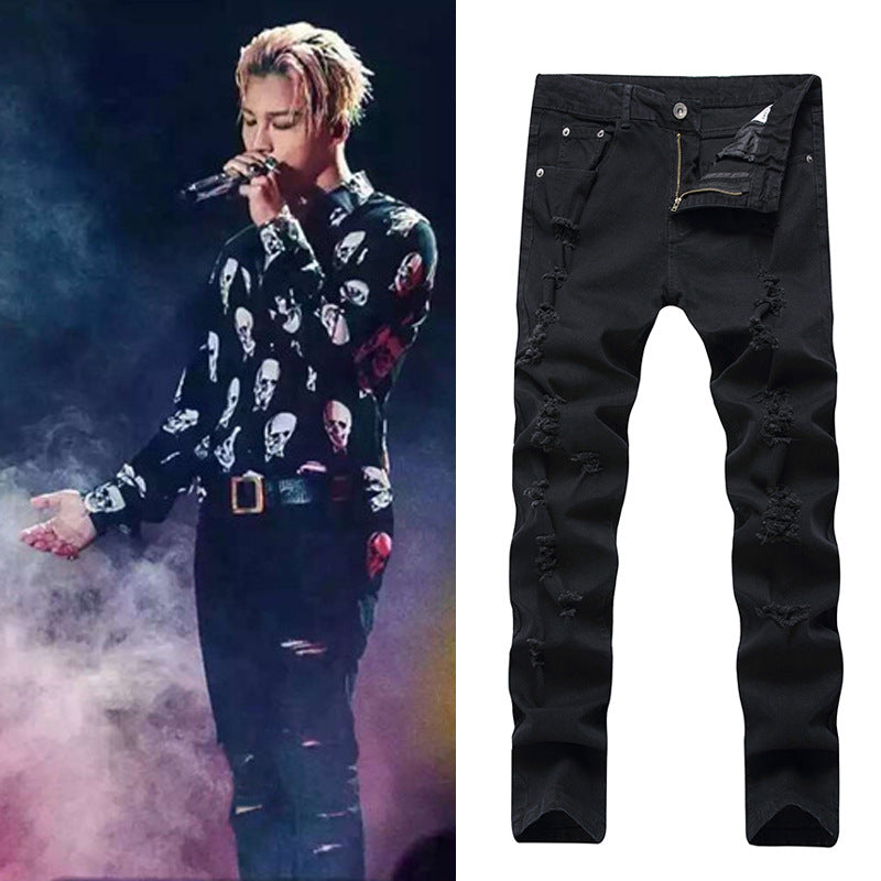 KanyeWest Knee Hole High Street Leg Jeans GD Same Style Men's Slim Fit Elastic Jeans Amazon