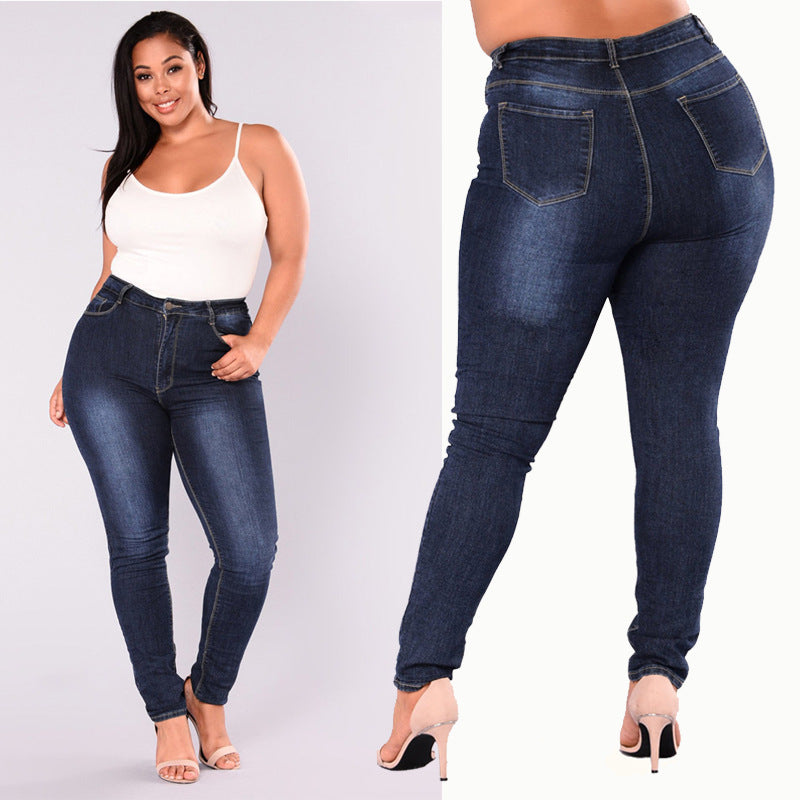 2019 European and American Hot Selling Women's Pants AliExpress Wish Large Size High Waist Stretch Foreign Trade Jeans Fat Boy Cotton Long Pants