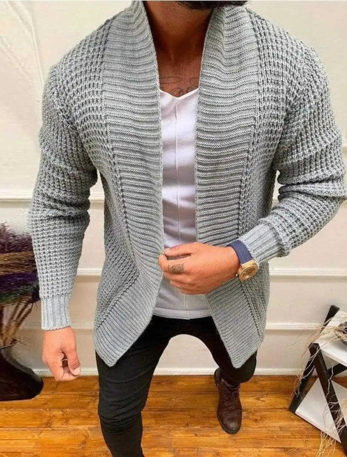 Cheap Wholesale Men Casual Knitwear Solid Color Loose Fit Long Sleeve Cardigan Sweater Open Front (OEM/ODM Service)