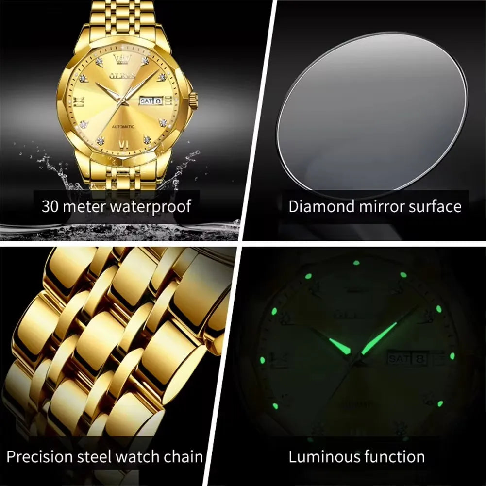 OLEVS 9982 Luxury Automatic Watch for Men Waterproof Luminous Hands Dual Calendar Original Mechanical Wristwatch Men's Watches