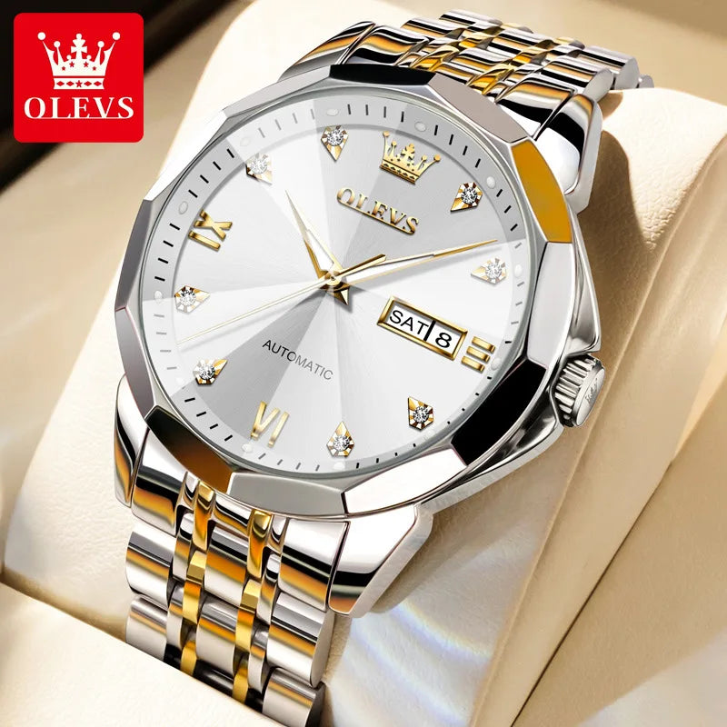OLEVS 9982 Luxury Automatic Watch for Men Waterproof Luminous Hands Dual Calendar Original Mechanical Wristwatch Men's Watches