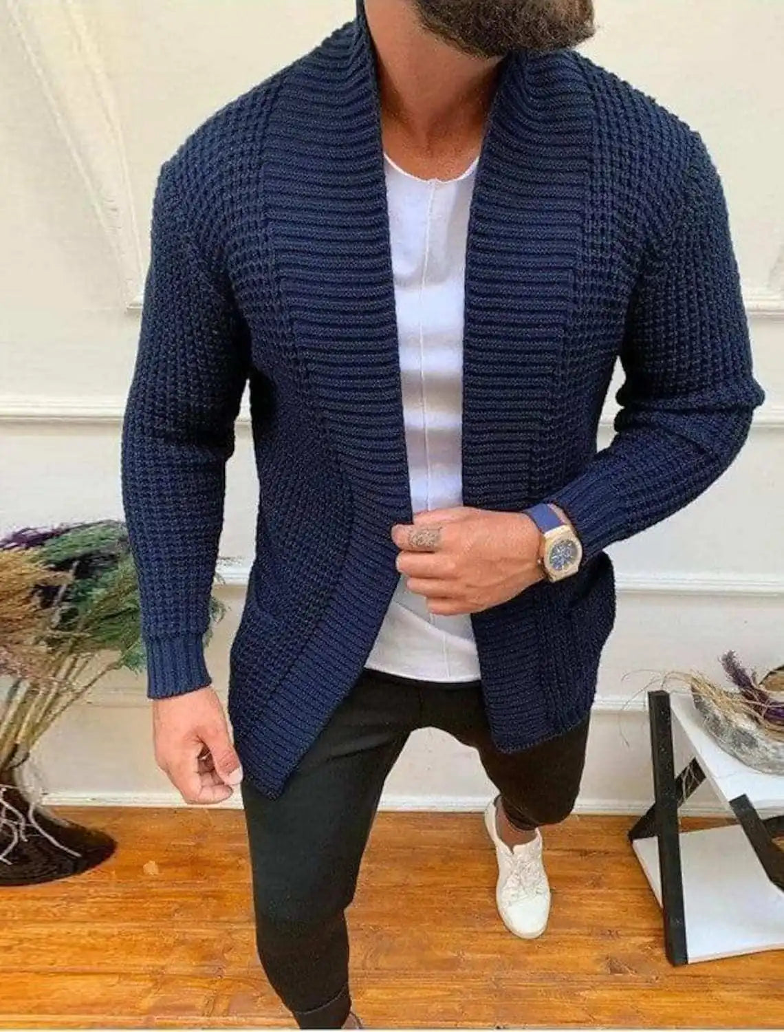 Cheap Wholesale Men Casual Knitwear Solid Color Loose Fit Long Sleeve Cardigan Sweater Open Front (OEM/ODM Service)