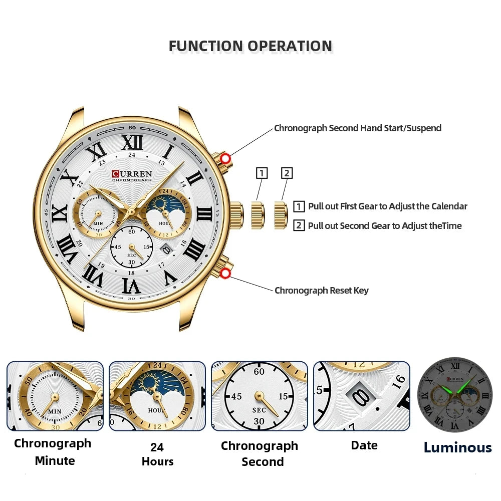 CURREN 8427 Men's Watches 3ATM Waterproof Sports Chronograph Wristwatches for Men Stainless Steel Strap Watches with Auto Date