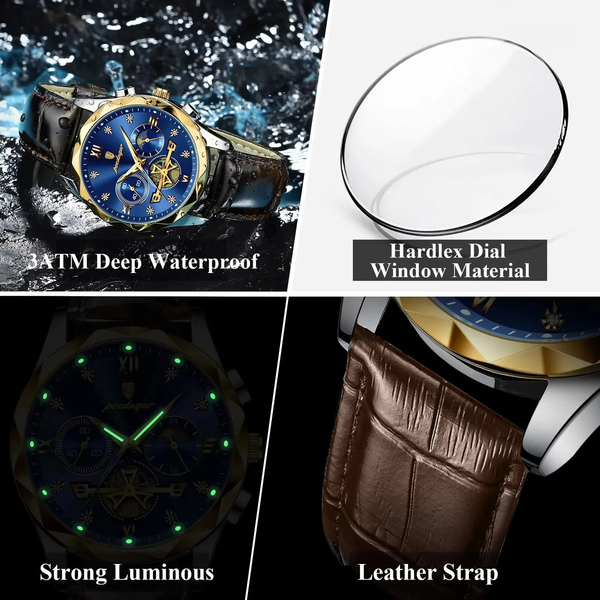 POEDAGAR 996 Watch Top Brand Luxury Men Wristwatch Relogio Masculino Genuine Leather Quartz Watches Sports Waterproof Male Clock