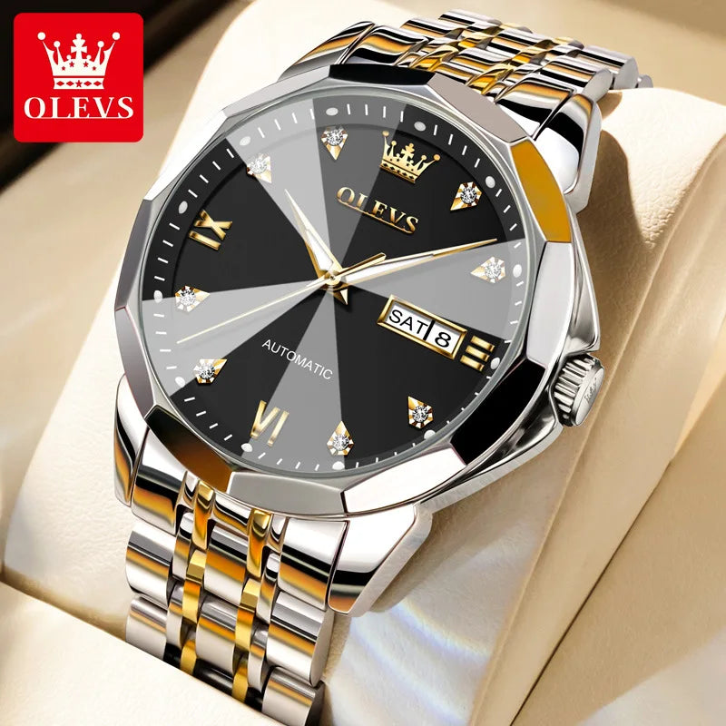 OLEVS 9982 Luxury Automatic Watch for Men Waterproof Luminous Hands Dual Calendar Original Mechanical Wristwatch Men's Watches