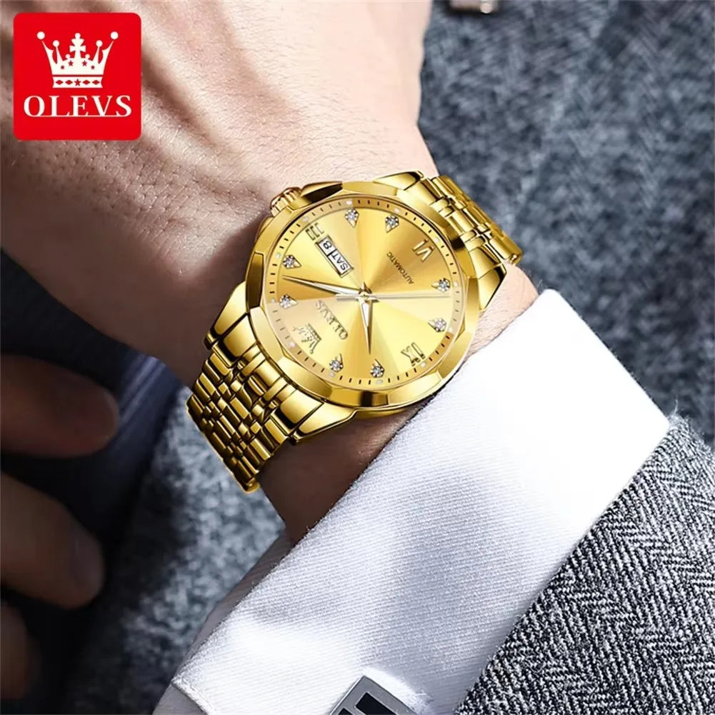 OLEVS 9982 Luxury Automatic Watch for Men Waterproof Luminous Hands Dual Calendar Original Mechanical Wristwatch Men's Watches
