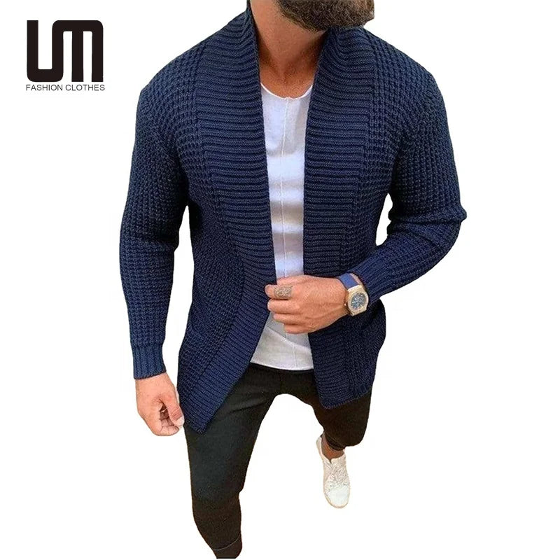 Cheap Wholesale Men Casual Knitwear Solid Color Loose Fit Long Sleeve Cardigan Sweater Open Front (OEM/ODM Service)