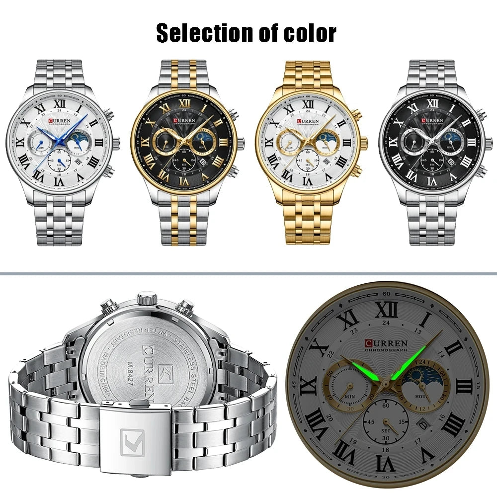 CURREN 8427 Men's Watches 3ATM Waterproof Sports Chronograph Wristwatches for Men Stainless Steel Strap Watches with Auto Date