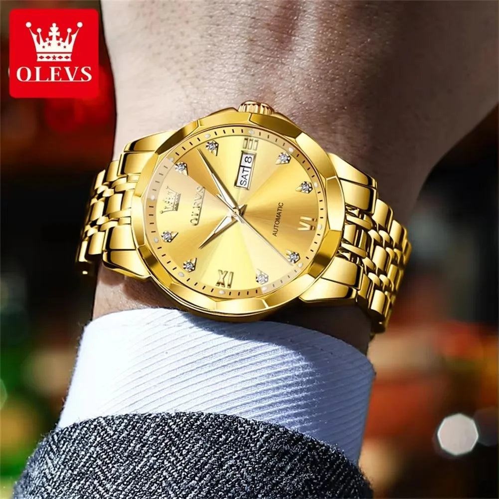 OLEVS 9982 Luxury Automatic Watch for Men Waterproof Luminous Hands Dual Calendar Original Mechanical Wristwatch Men's Watches