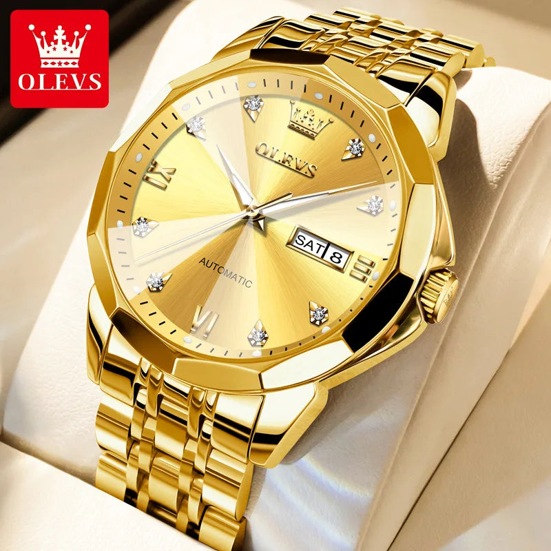 OLEVS 9982 Luxury Automatic Watch for Men Waterproof Luminous Hands Dual Calendar Original Mechanical Wristwatch Men's Watches