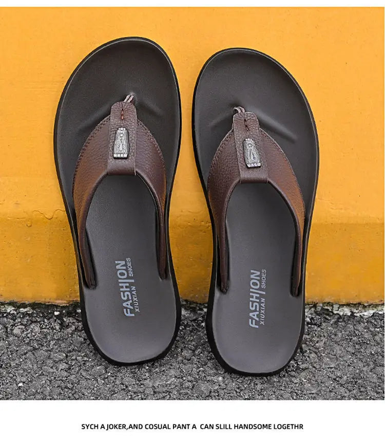 Wholesale Quality Shoes Rubber Hard-Wearing Leather Slippers for Men Flip Flops New Style Design of Mens Leather Slippers