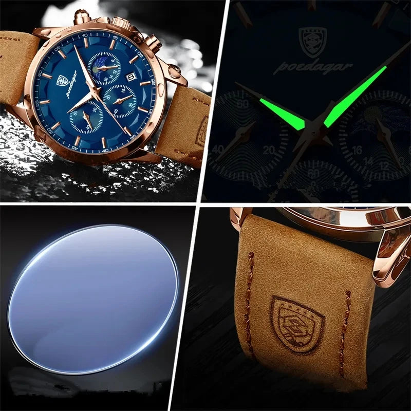 POEDAGAR 928 Men's Watches Hot Sale  Leather Waterproof Quartz Watch Luxury Sports Waterproof Watch for Men