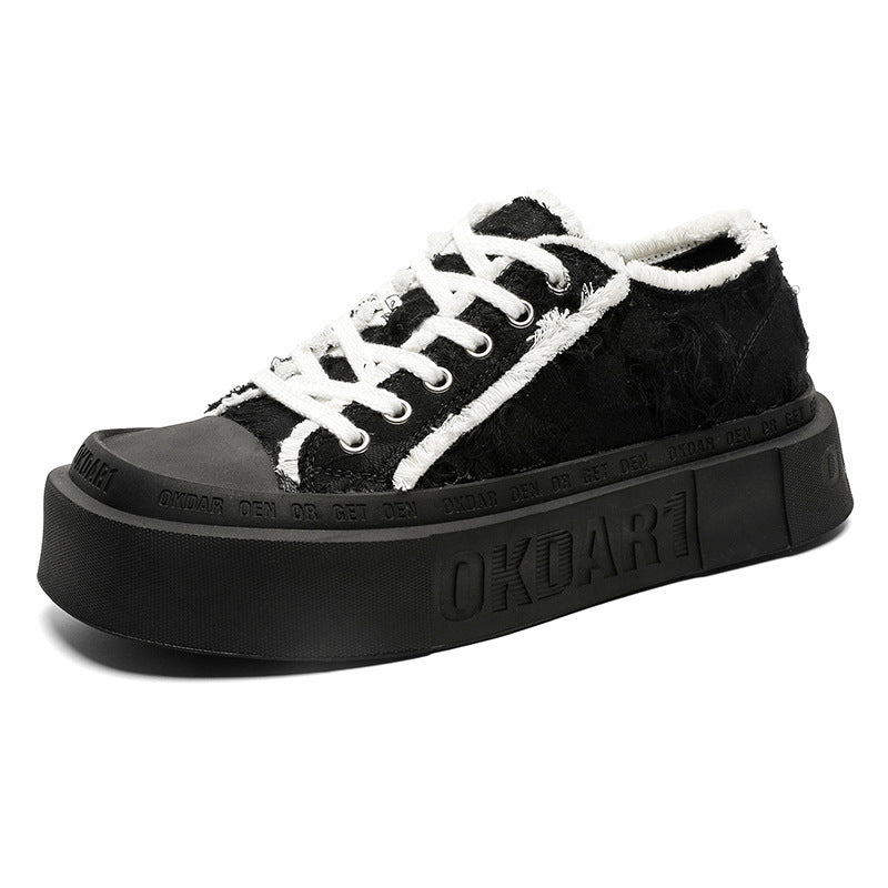 Korean Style Lace-Up Sneakers Trendy Versatile Raw Edge Breathable White Shoes 2025 Summer Casual Thick-Soled Heightening Canvas Shoes