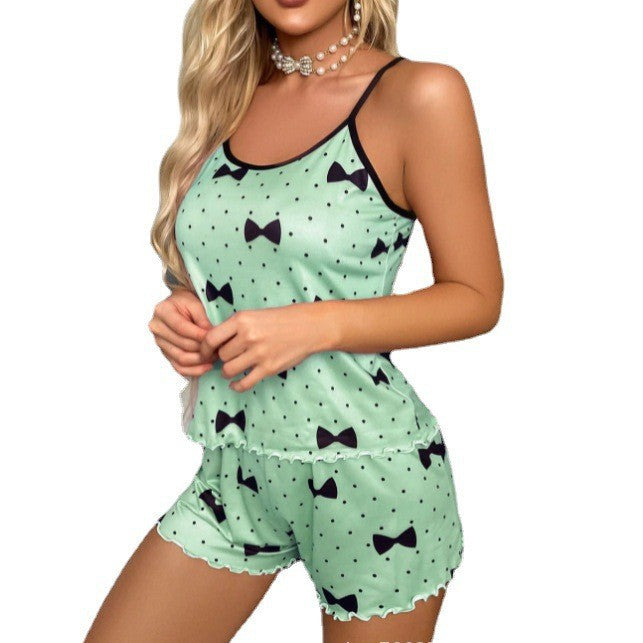European and American Foreign trade summer sling homewear suit soft draping cute printed pajamas wholesale pajamas