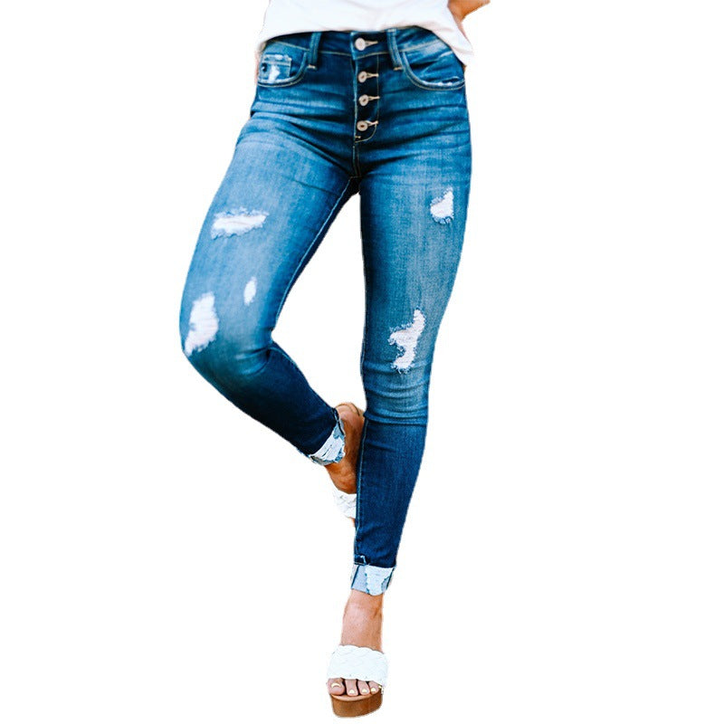 Factory Direct 2022 Autumn New Ripped Leg Jeans Women's Washed Breasted Pencil Pants Women's Casual Pants
