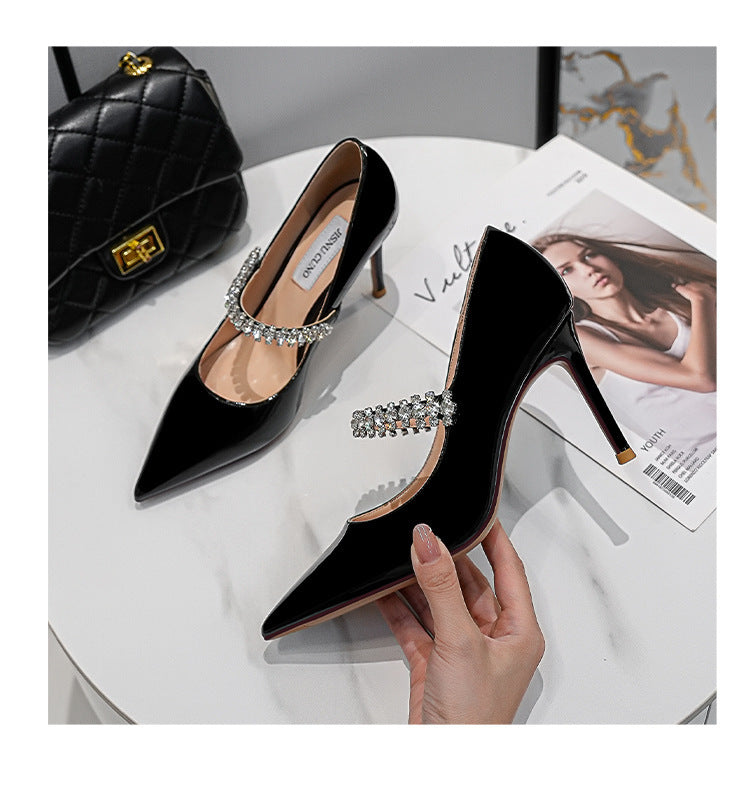 Rhinestone Pointed High Heels 2025 New White Wedding Shoes Patent Leather Nude Buckle Shoes Black Professional Shoes