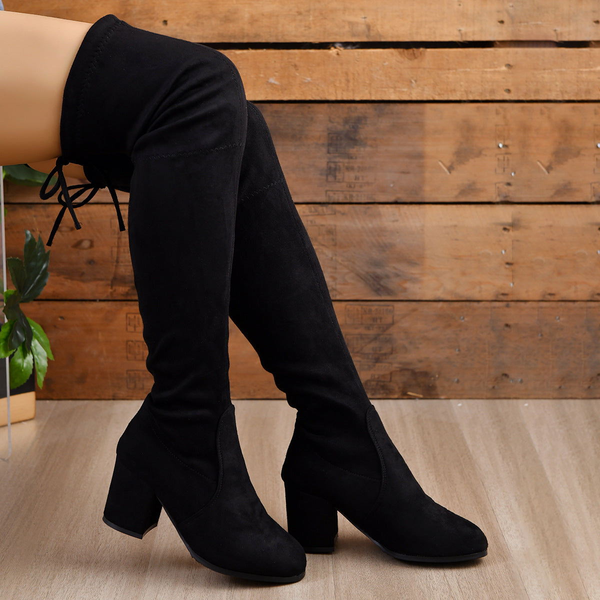 European and American large size women's boots 2023 autumn and winter New thick heel round head high heel slim knee high boots women's spot