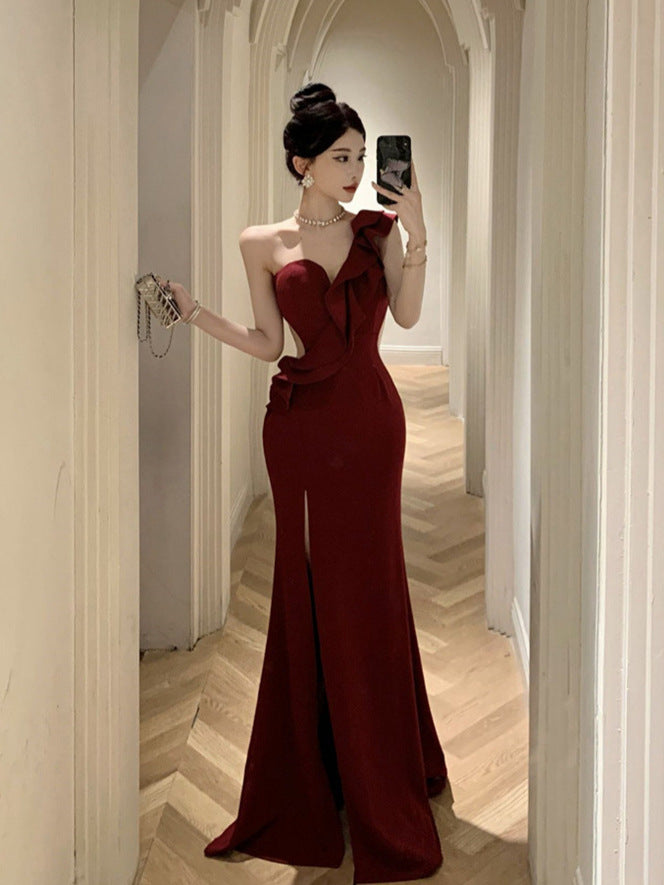 High-end Sexy Ruffle Evening Dress 2025 Elegant One-shoulder Banquet Host Car Model Split Dress