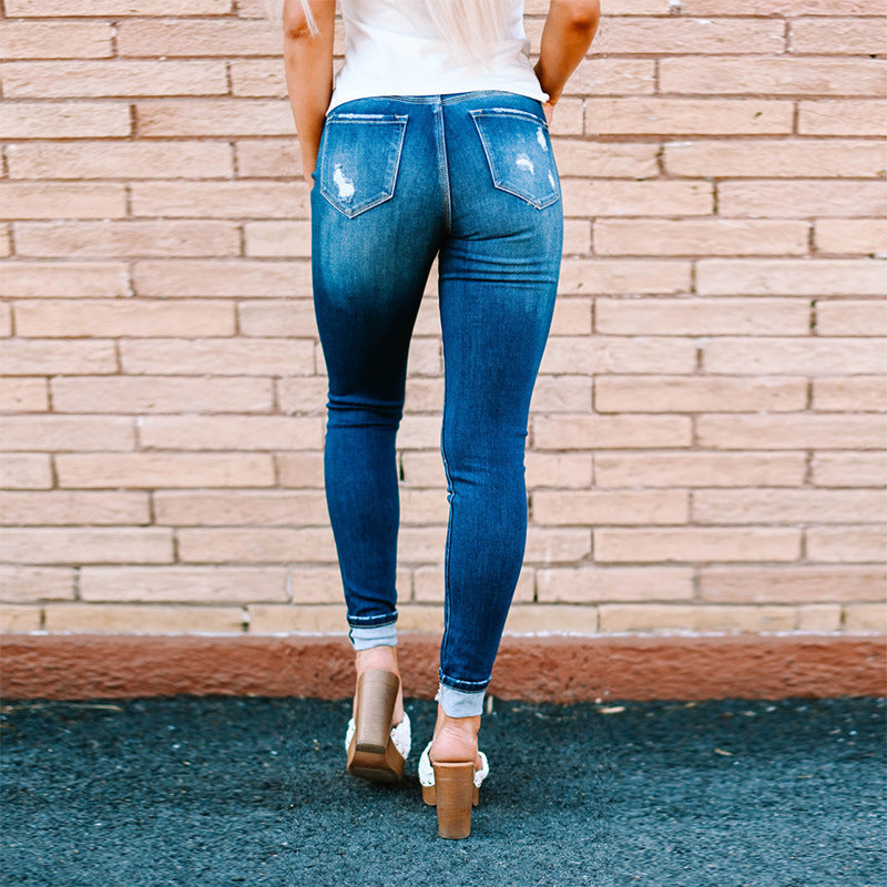Factory Direct 2022 Autumn New Ripped Leg Jeans Women's Washed Breasted Pencil Pants Women's Casual Pants