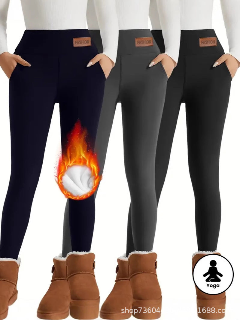 Cross-Border Women's High Waist Warm Fleece-Lined Leggings - Super Soft Stretch Yoga Pants Pocket Casual Pants