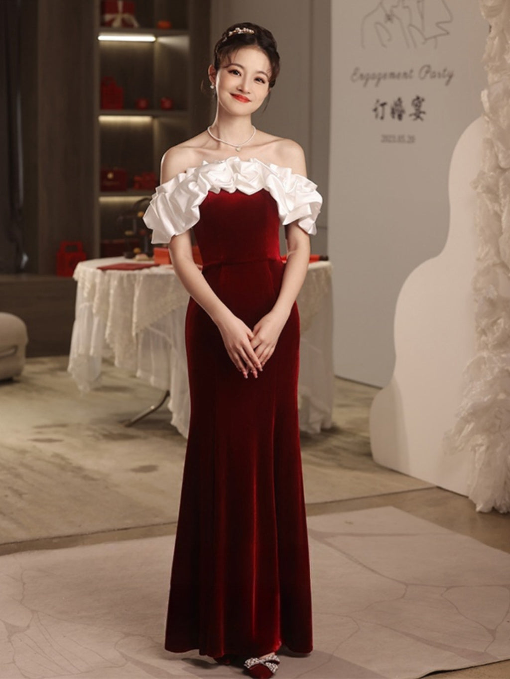 French Velvet Black Evening Dress One-Shoulder Annual Meeting Elegant Slimming Look Celebrity Host Fishtail Long Dress