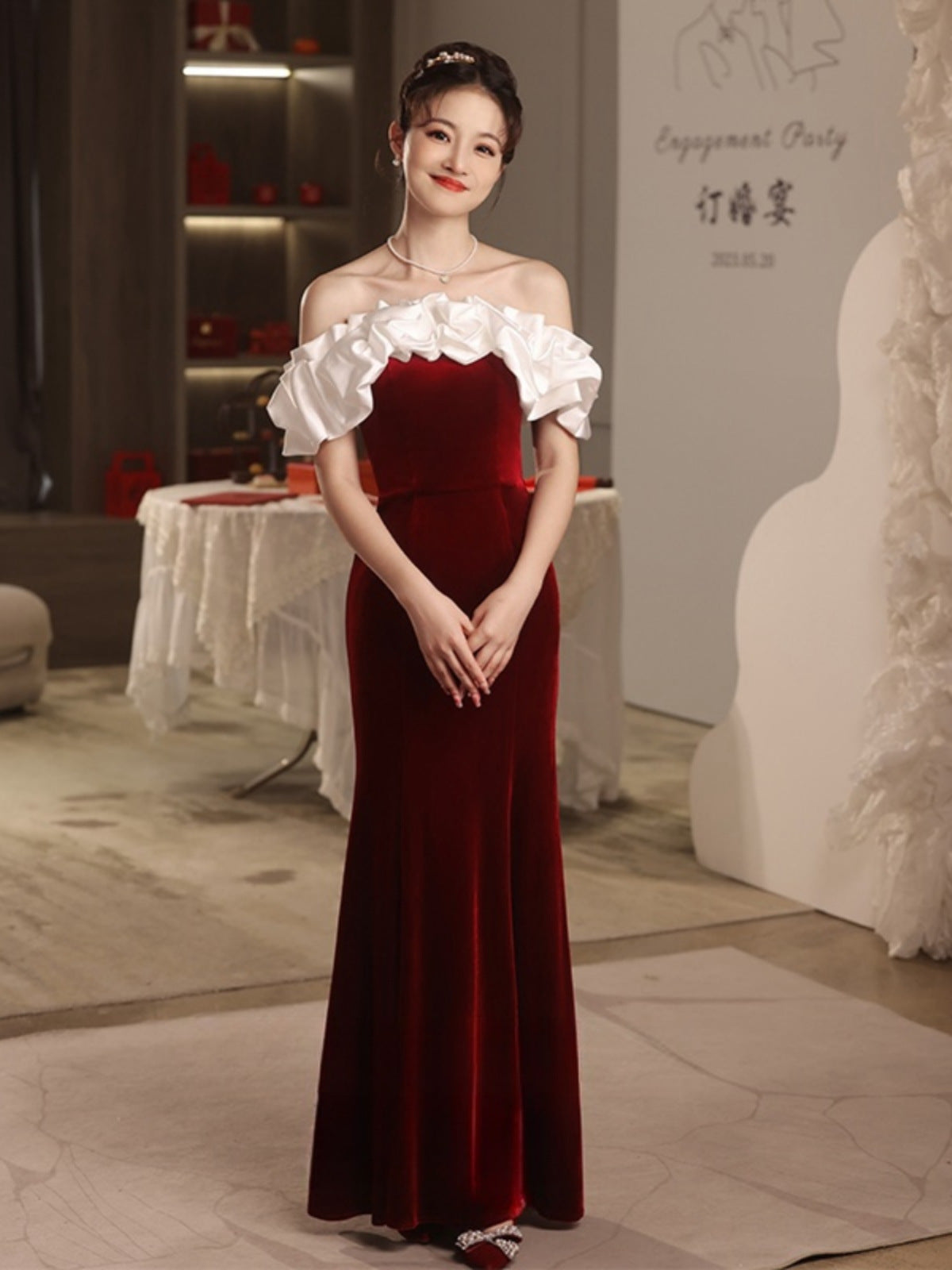 French Velvet Black Evening Dress One-Shoulder Annual Meeting Elegant Slimming Look Celebrity Host Fishtail Long Dress